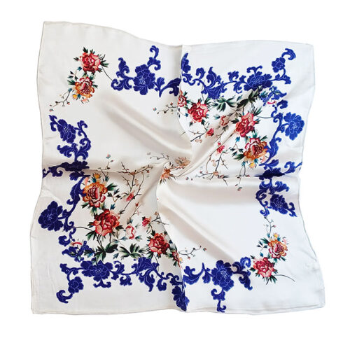 Pañuelo de seda de mujer blanco y flores azul Julunggul