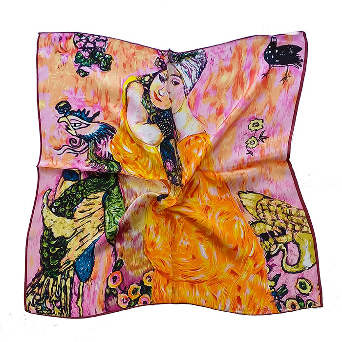 Pañuelo de seda de mujer estampado rosa y amarillo Julunggul