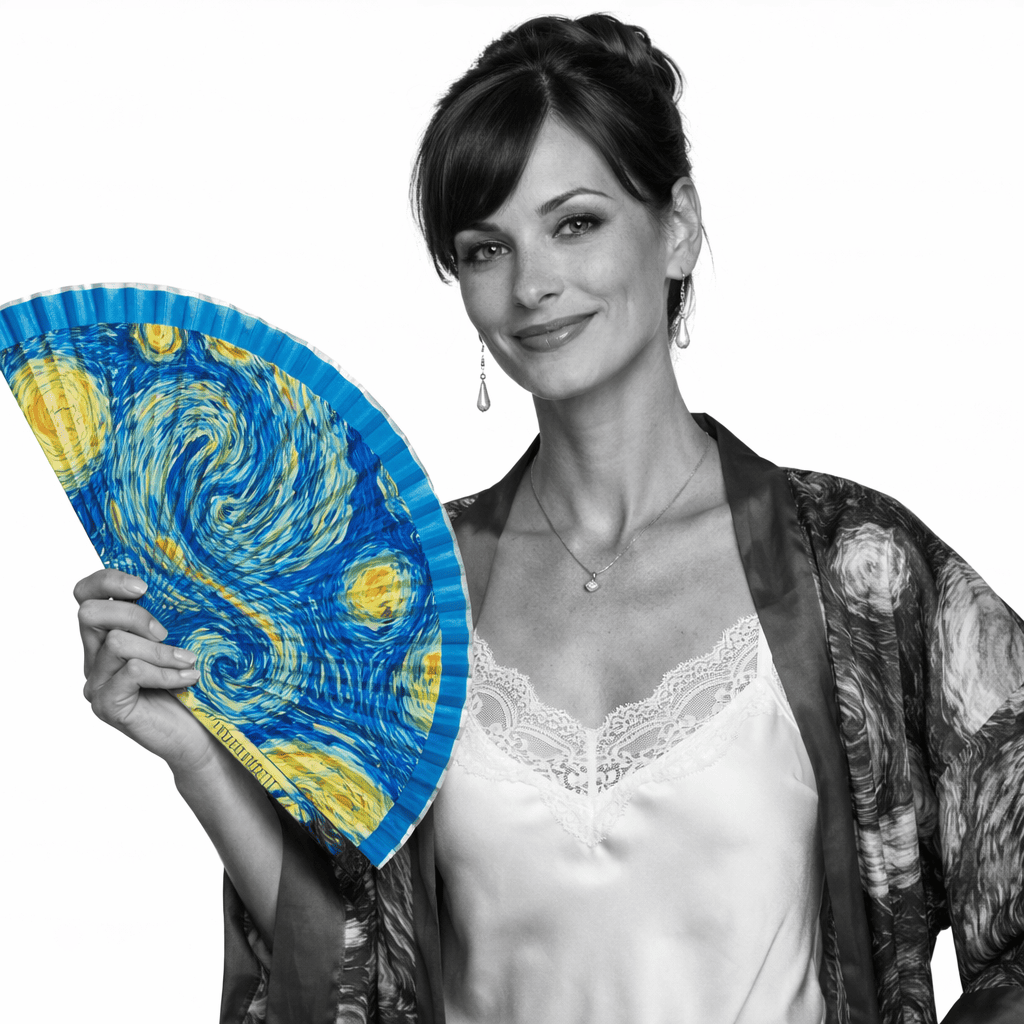 Abanico pintado con funda azul Van Gogh JUlunggul