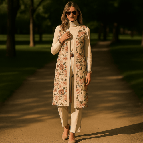 Chaleco reversible largo beige de cretona de flores Julunggul