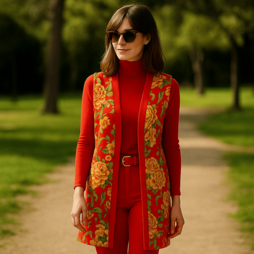 Chaleco reversible rojo de cretona de flores Julunggul