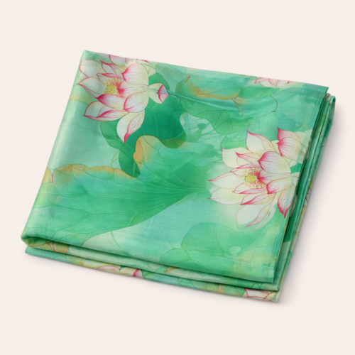 Fular de seda chal reversible verde con flores fucsia Julunggul
