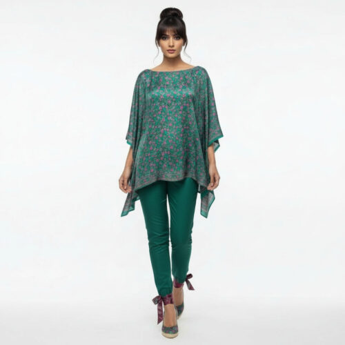 Caftan de seda corto verde con flores rodas Julunggul