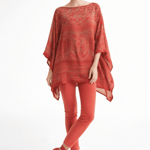 Caftán de semi seda estampado coral y beige Julunggul
