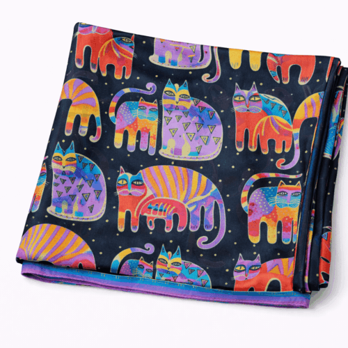 Fular de seda con forro reversible negro con gatos de colores Julunggul