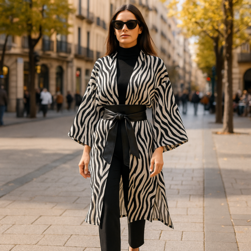Kimono largo de semiseda estampado cebra blanco y negro Julunggul