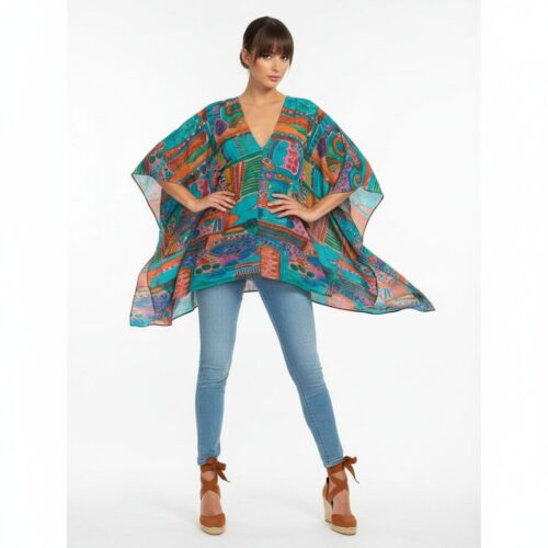 caftan de algodon corto estampado azul y colores Julunggul