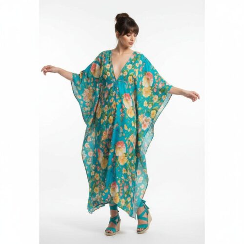 caftan de algodon largo turquesa con flores Julunggul