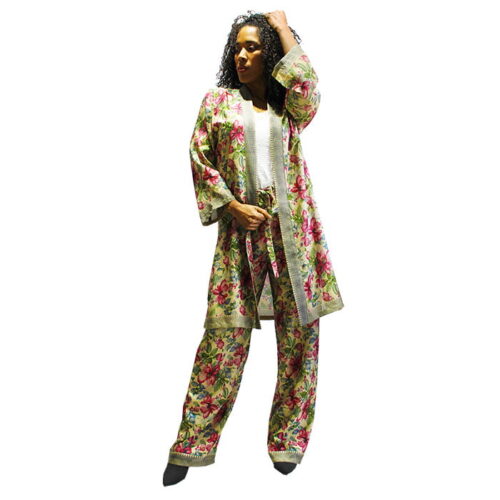 pantalon y kimono de semi seda de flores beige y buganvilla julunggul 1