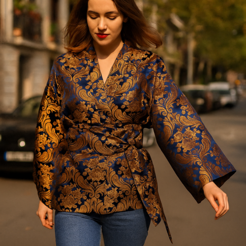Kimono brocado azul y cobre Julunggul