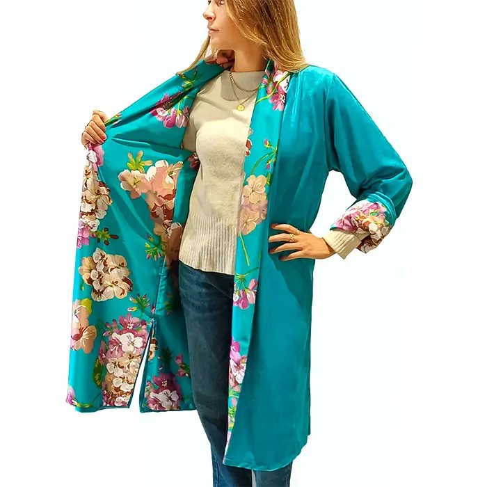 abrigo de terciopelo y seda turquesa reversible julunggul