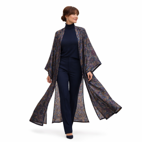 Kimono largo de semiseda azul marino estampado paisley Julunggul