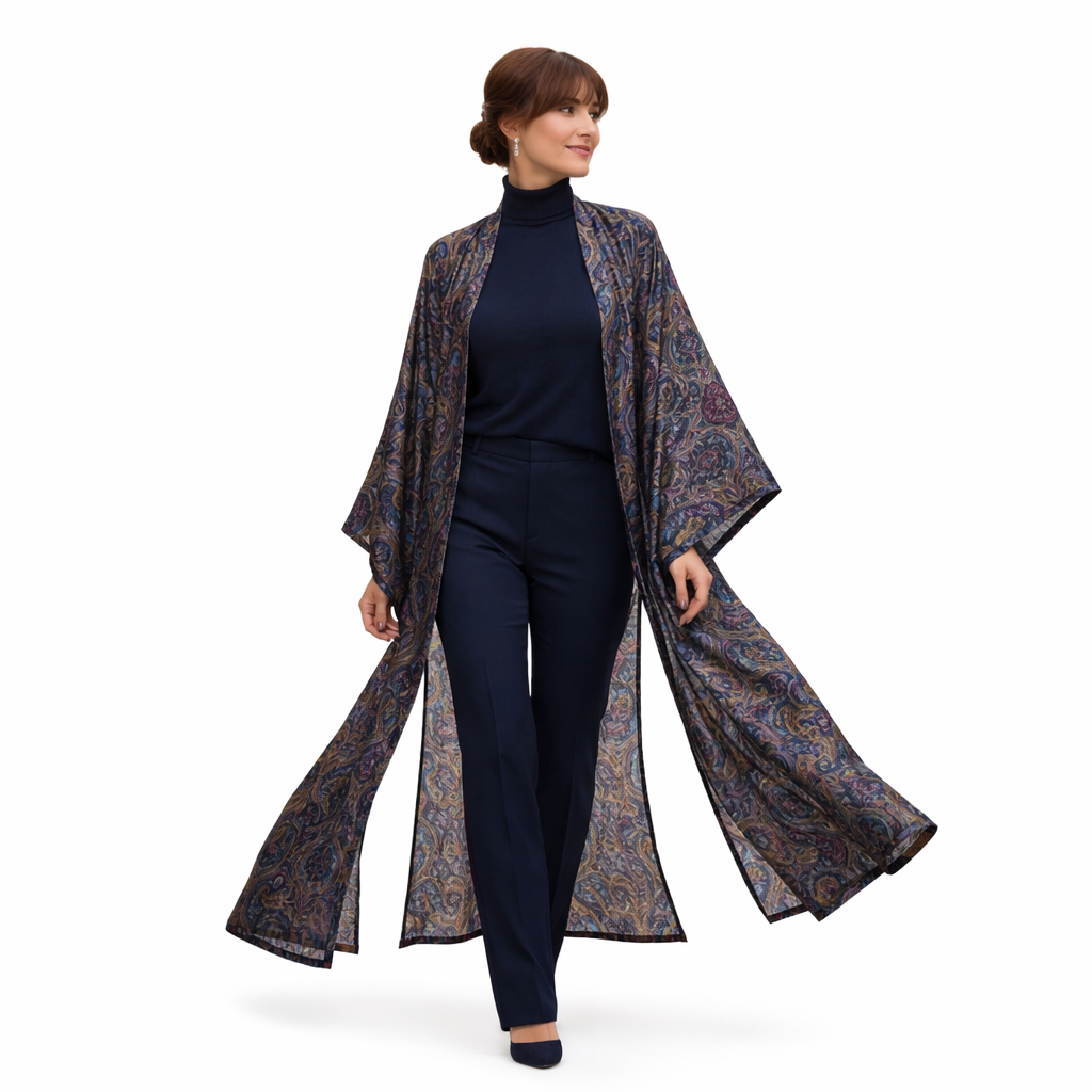 Kimono largo de semiseda azul marino estampado paisley Julunggul