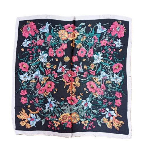 Pañuelo de semi seda 70x70 cm Flores negro 1 Julunggul