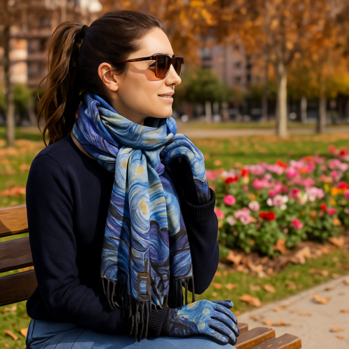 Bufanda reversible tacto cashmere azul de Van Gogh y guantes a juego para los días de frío Julunggul