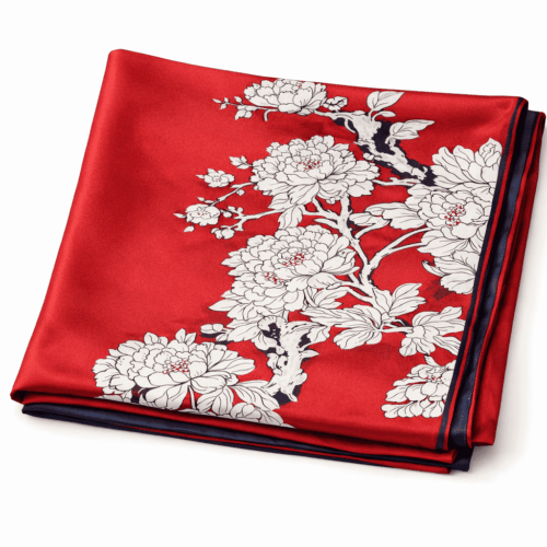 Fular de semi seda con forro echarpe rojo con flores beige Julunggul
