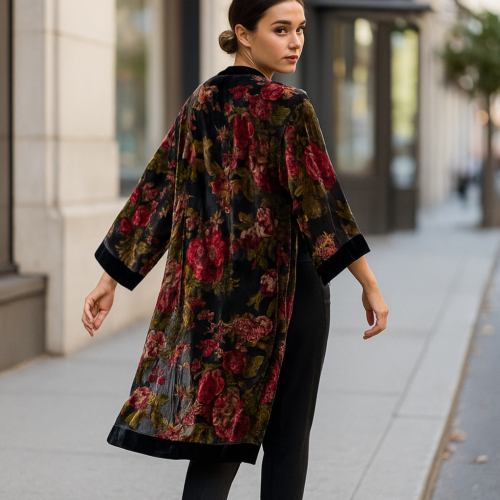 Kimono de terciopelo devore negro con flores rosas Julunggul