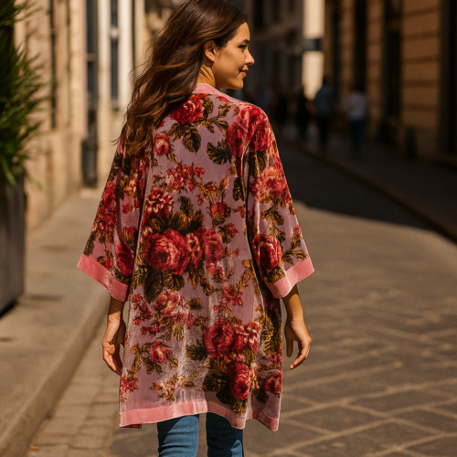 Kimono e terciopelo devore rosa con flores Julunggul