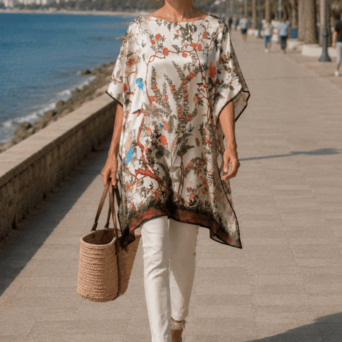 Caftan de pañuelos cuadrados 90x90 cm beige estampado para calle y playa de Julunggul