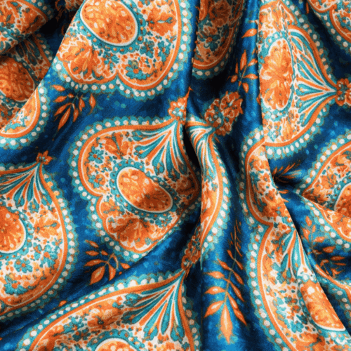 Fular de seda natural azul con medallones turquesa y naranja Julunggul