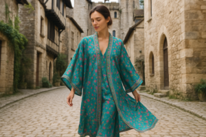 Kimono y vestido de seda turquesa Julunggul