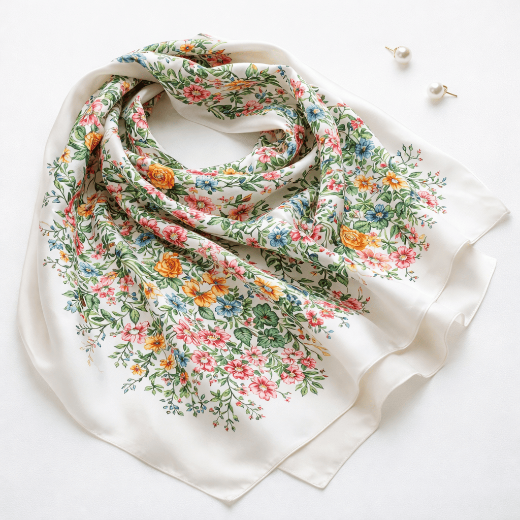 Pañuelo de semi seda beige con flores 90x90 cm 1 Julunggul