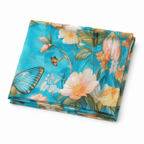 Pañuelo fular o pareo de algodon turquesa con flores y mariposas Julunggul
