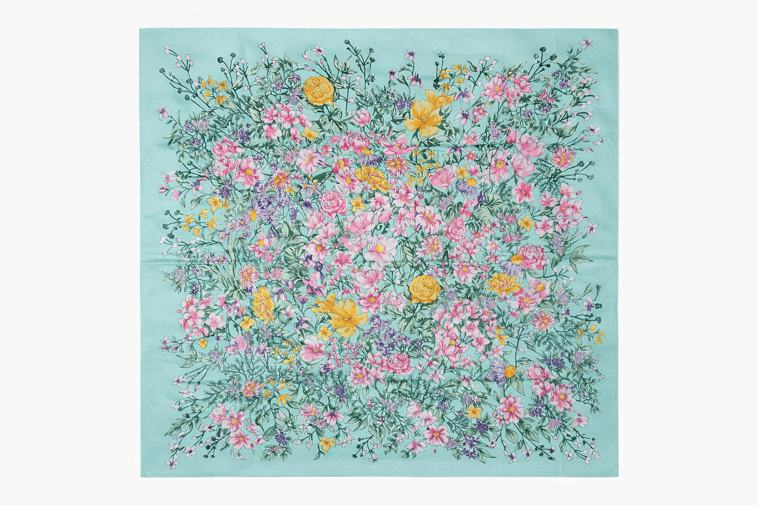 Pañuelo semi seda grande verde mar con flores 130x130 cm Julunggul