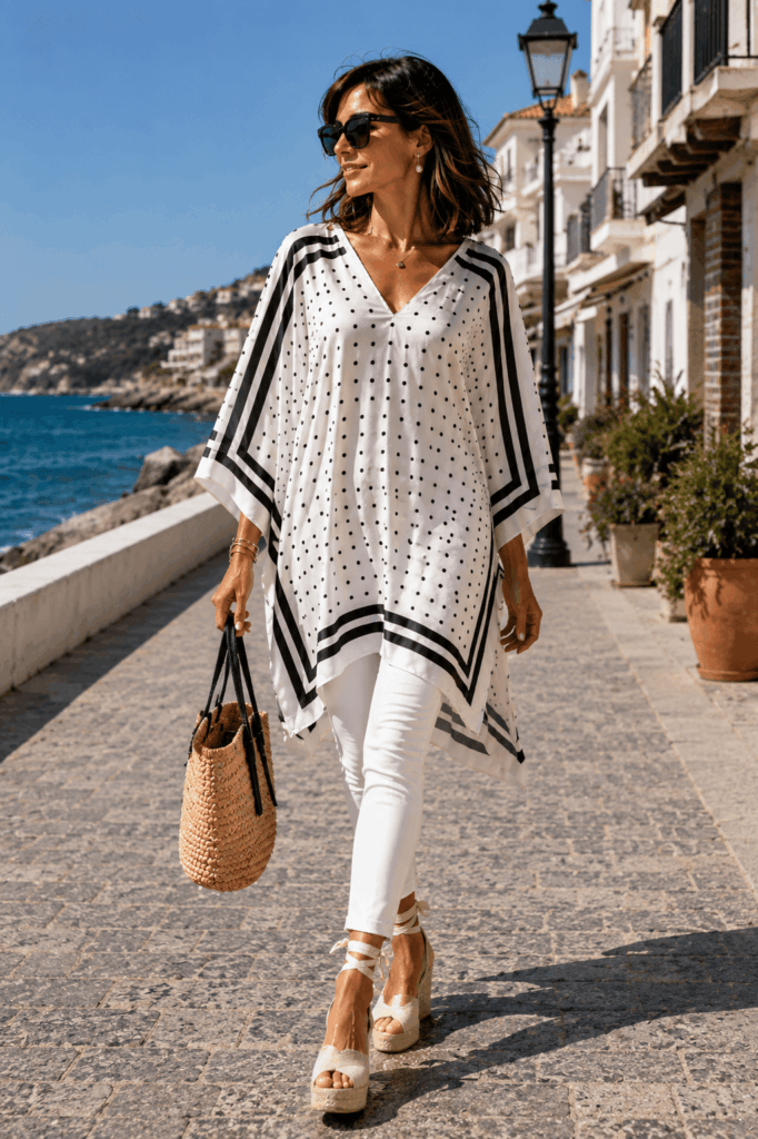 caftan de mujer de pañuelos de semi seda blanco con lunares negros de Julunggul