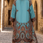 Kimono de seda turquesa con cachemires largo a medida de Julunggul