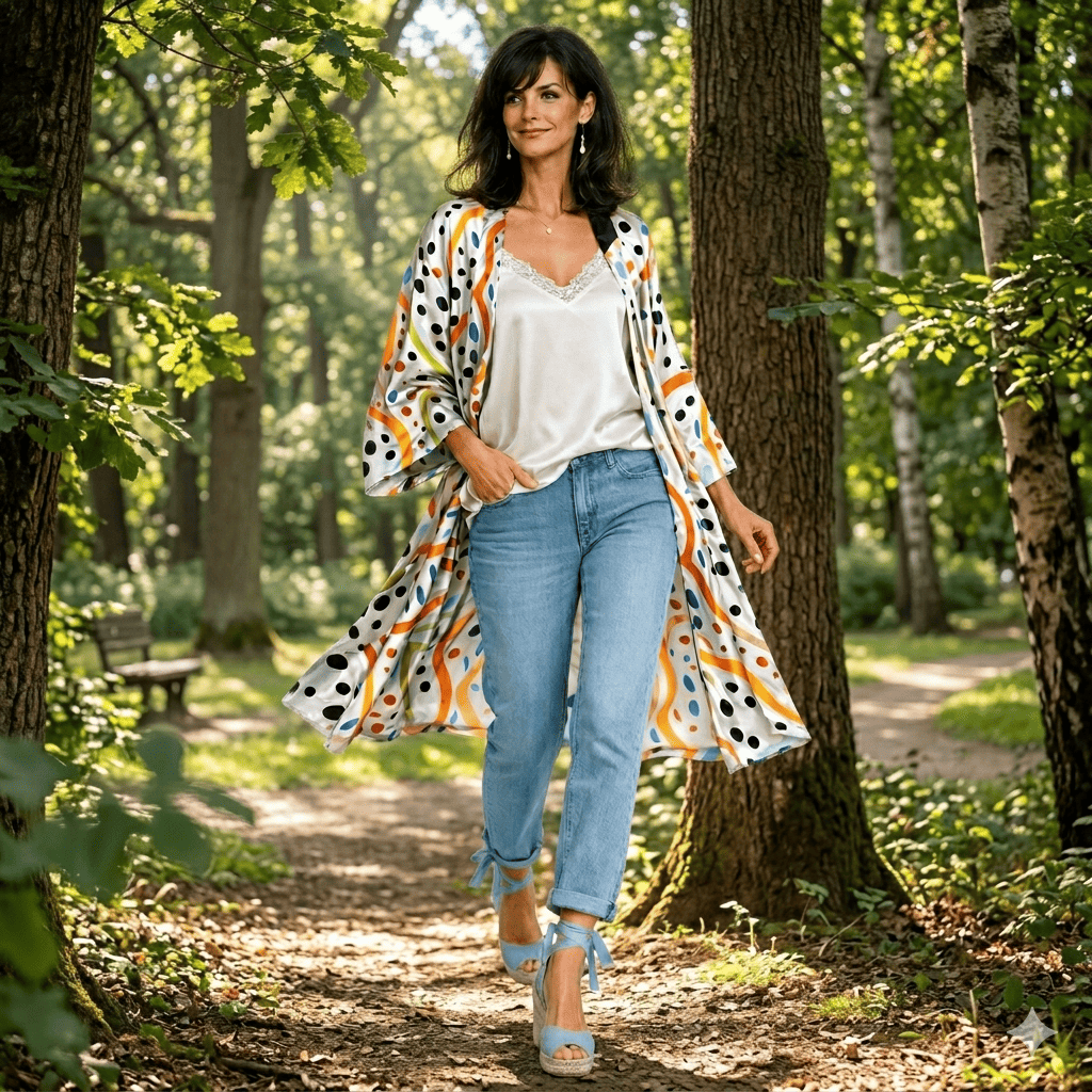 Kimono de semiseda a medida largo de mujer exclusivo azul estampado Julunggul