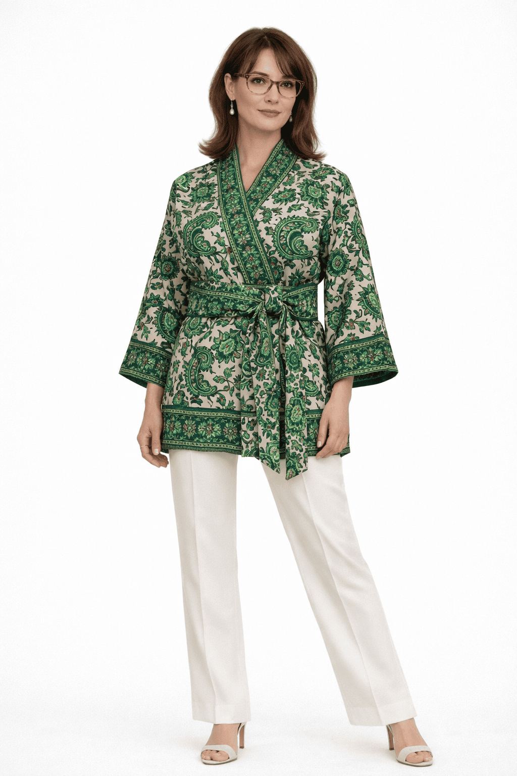 Kimono de semiseda brocada beige y verde con fajin ancho Julunggul