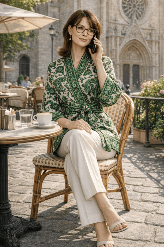 Kimono de semiseda brocada beige y verde con fajin largo Julunggul