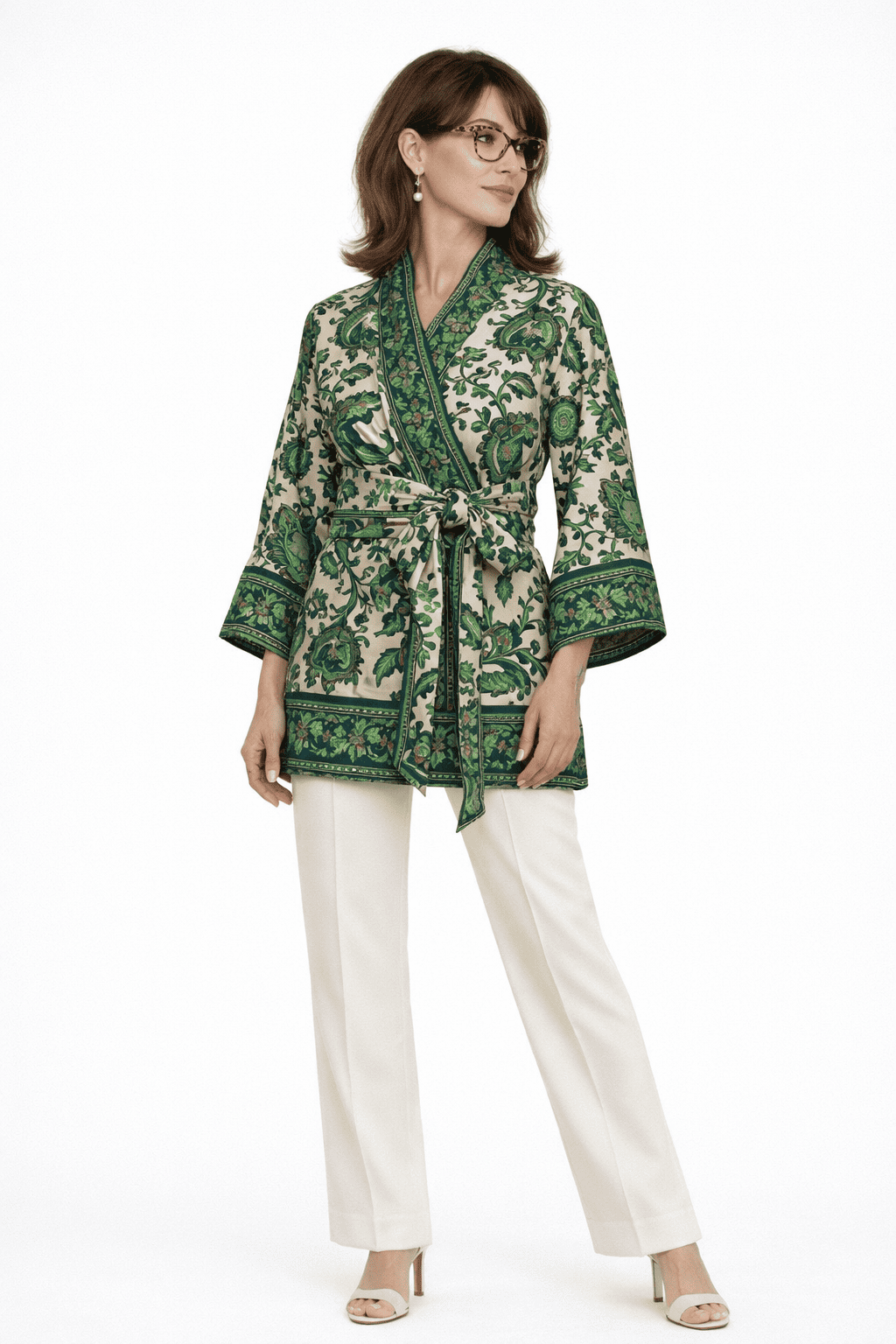 Kimono de semiseda brocada beige y verde con fajin Julunggul