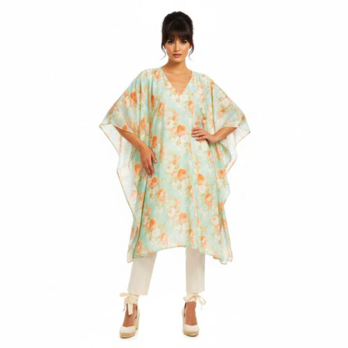 Caftan de algodon verde mar con flores naranjas Julunggul