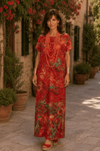Caftan largo y elegante para fiesta y playa estampado rojo y fucsia exclusivo de Julunggul