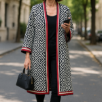 Kimono de semiseda blanco y negro geométrico Julungul