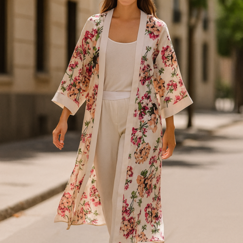 Kimono de seda largo blanco con flores rosas Julunggul