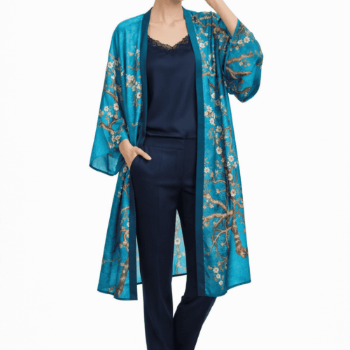 Kimono de semi seda turquesa Almendro Julunggul
