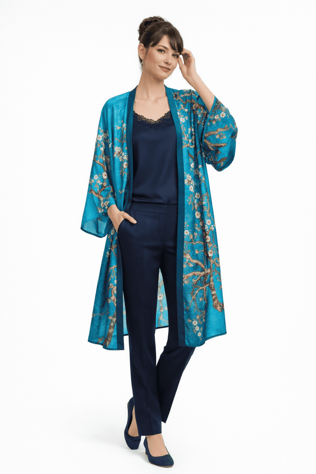 Kimono de semi seda turquesa Almendro Julunggul