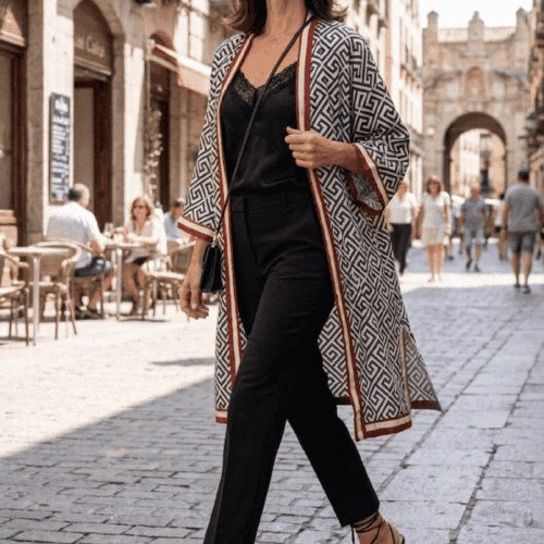 Kimono de semiseda a mefdida estampado geometrico blanco y negro con rojo Julunggul