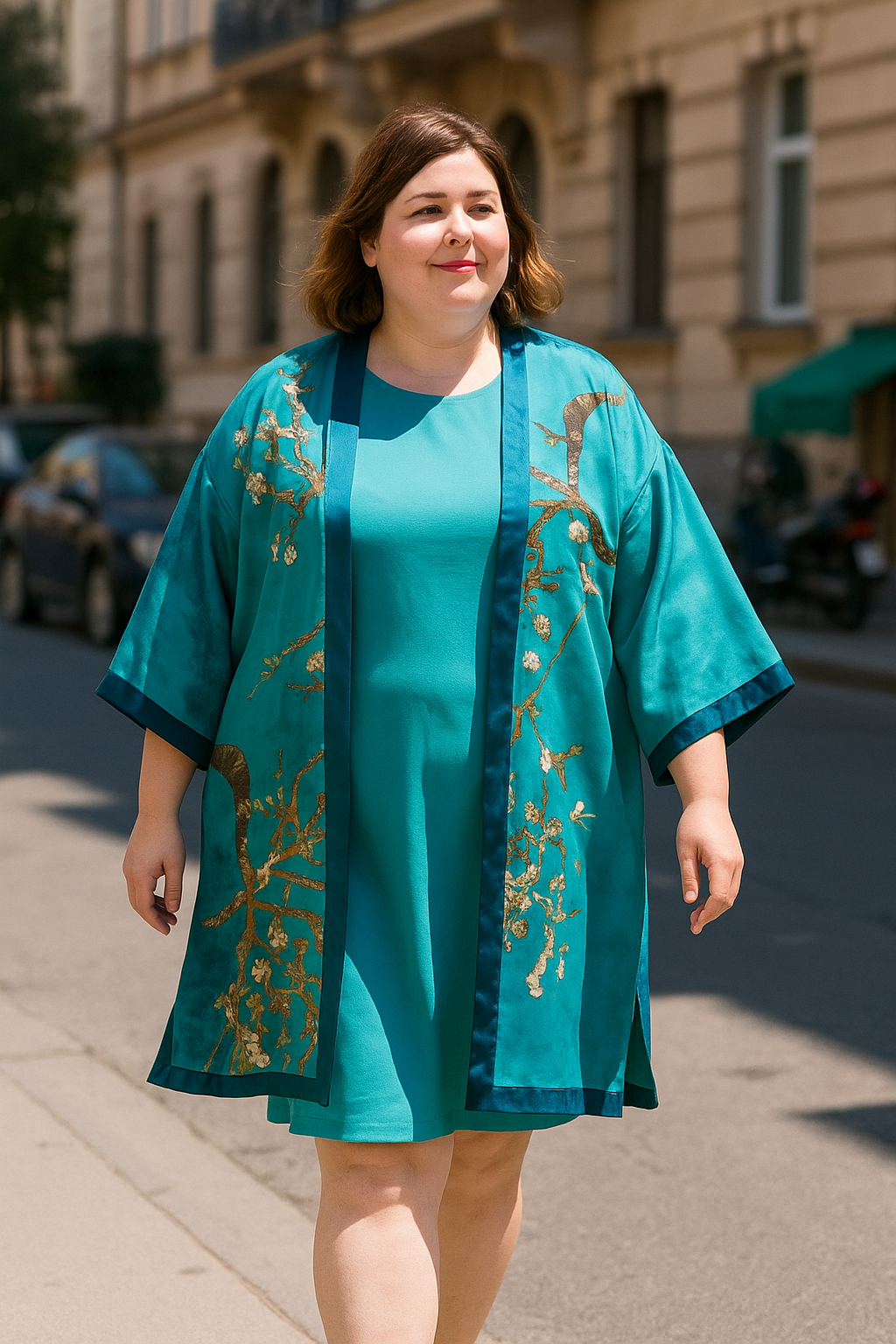 Kimono de semiseda talla grande turquesa almendro Julunggul