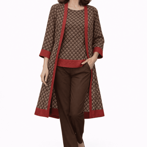 Kimono de semiseda y caftan a juego marrón chocolate y rojo 2 Julunggul