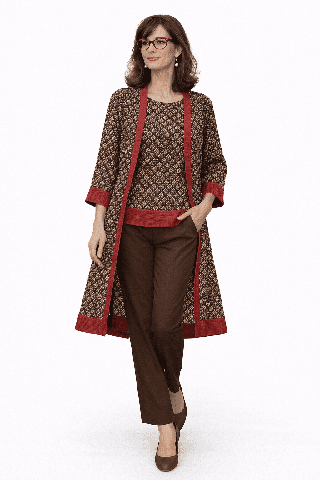 Kimono de semiseda y caftan a juego marrón chocolate y rojo 2 Julunggul