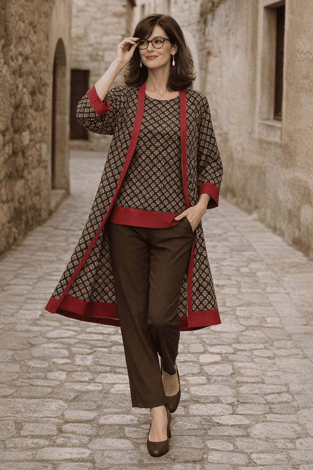 Kimono de semiseda y caftan a juego marrón chocolate y rojo Julunggul