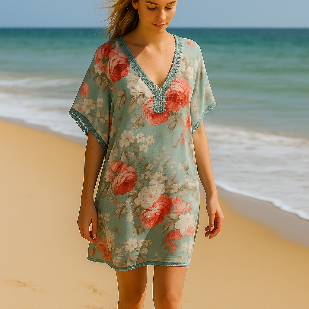 caftan de algodón corto verde mar con flores Julunggul