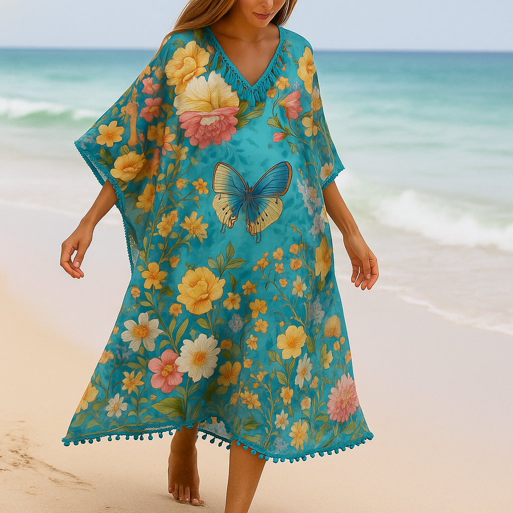 caftan de algodon turquesa con flores y mariposas Julunggul