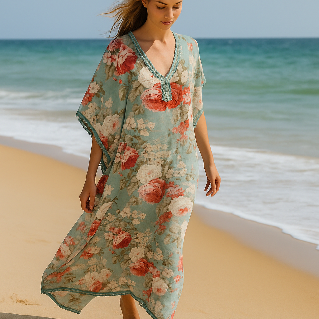 caftan de algodón verde mar con flores Julunggul