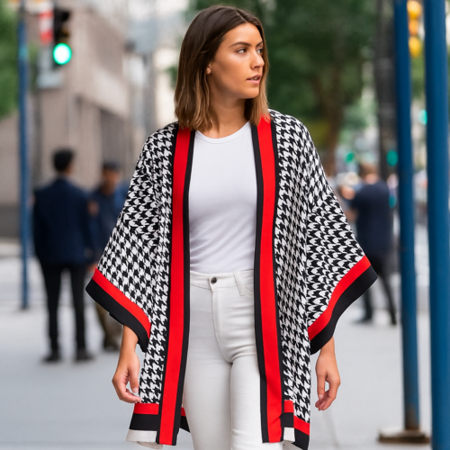 Kimono de semi seda pata de gallo blanco, negro y rojo Julunggul