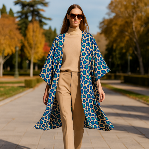 Kimono animal print leopardo beige azul y verde de viscosa Julunggul